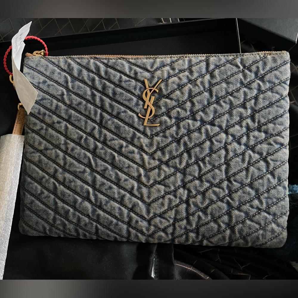 Authentic denim YSL clutch! Tan trim and wrist handle!